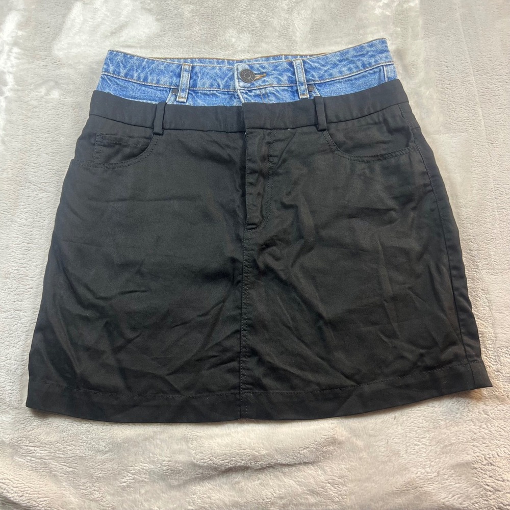 Sandro Womens Size 2 Hybrid Mini Skirt Black Blue Denim Layered Waist SFPJU00144